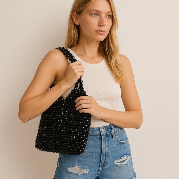 Handmade Black Wooden Beaded Tote Shoulder Bag Vintage Boho - Picture 10 of 10